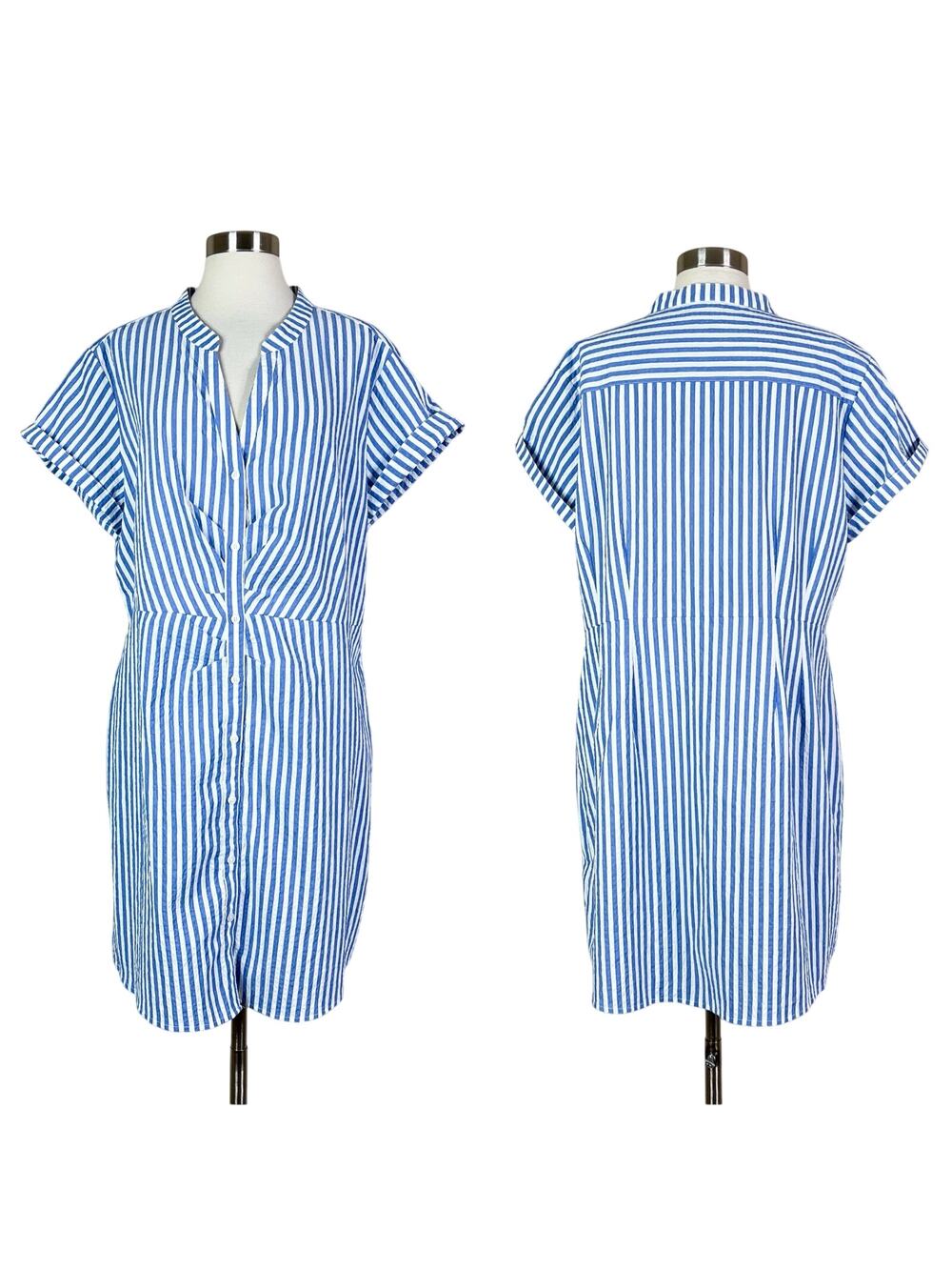 UNTUCKit | Striped Blue White Cybil Ruched Button Front Plus Size Summer Dress